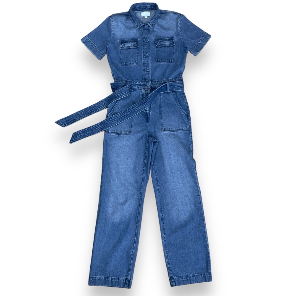 Every Jumpsuit Womens Size 0 Blue Denim Short Sleeve Button Down Straight EUC
